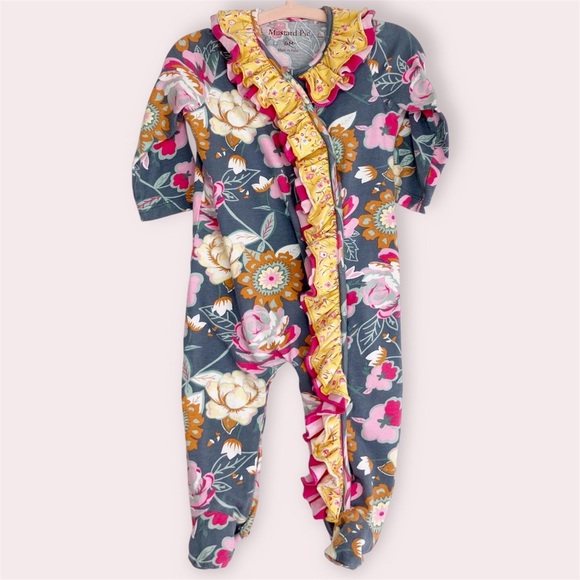 Mustard Pie ruffled footie sleeper gray w/ pink and yellow flower print 6 months - Picture 1 of 9